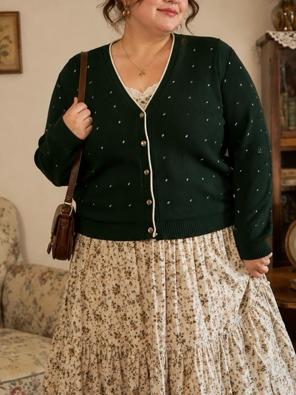 Vintage Girl Scout Women’s Cardigan Sweater Green & White Dot Size L Cottagecore